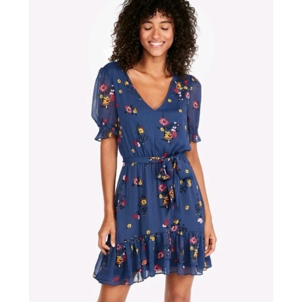 Express Floral Ruffled Sundress Chiffon Mini Womens Sz M Blue Cottagecore Boho